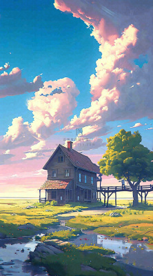 蓝天草坪上小屋房子在河流旁，河面倒影