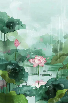 夏天雨季池塘荷花荷叶凄冷大暑处暑插画背景 夏天雨季池塘荷花荷叶凄冷大暑处暑插画背景