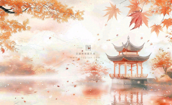 秋天红色枫叶江南水乡凉亭水墨画古风插画背景 秋天红色枫叶江南水乡凉亭水墨画古风插画背景
