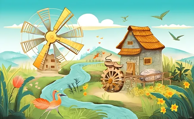 春天田园绿色自然风车水河流畜牧插画素材背景 春天田园绿色自然风车水河流畜牧插画素材背景
