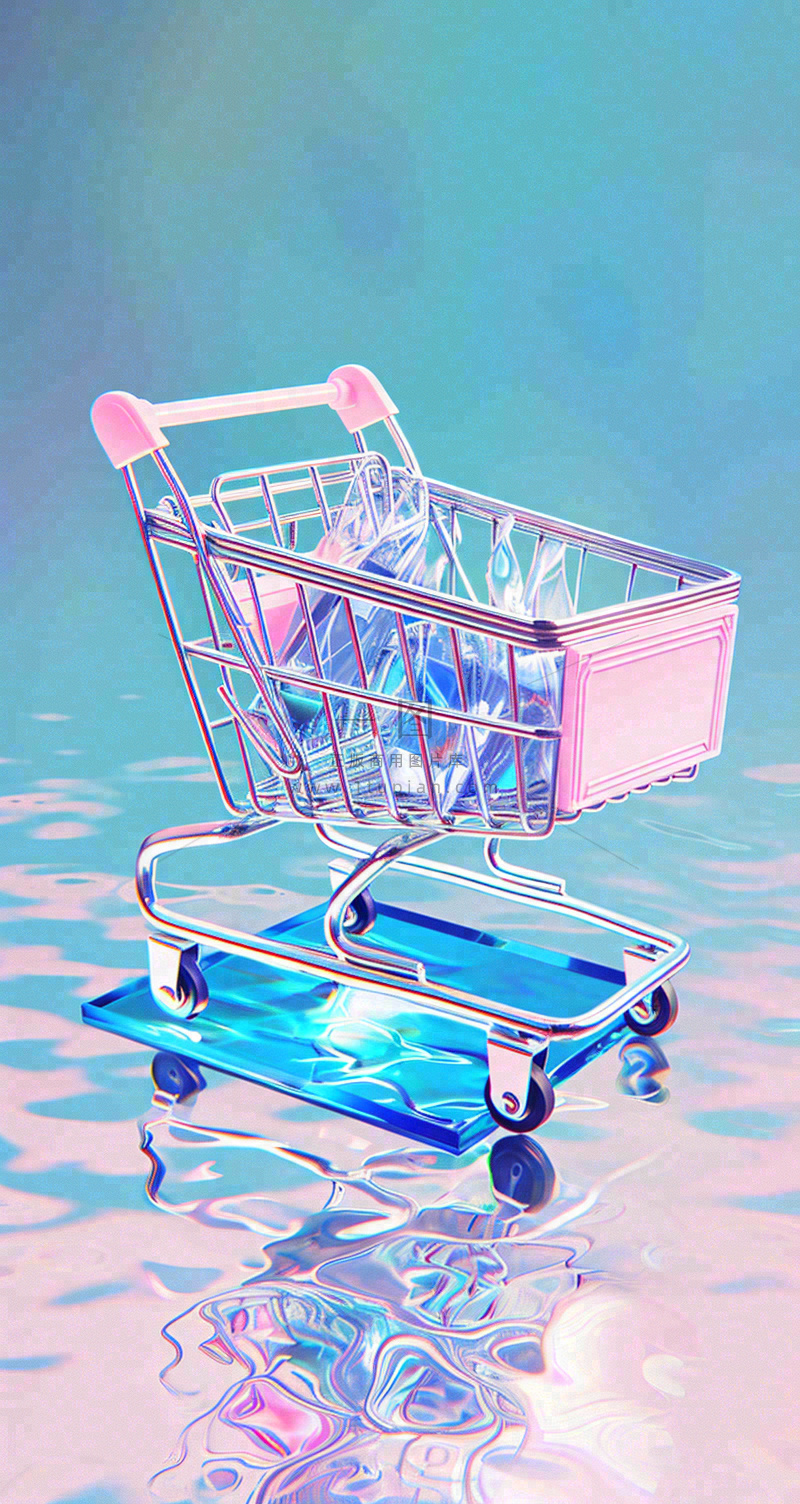 彩色奇幻渐变蓝紫粉色购物车手推车3D