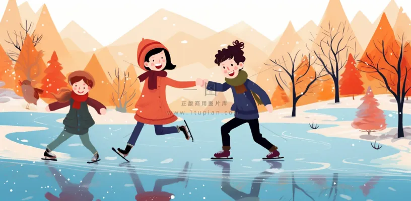 冬季在冰湖上滑冰的孩子儿童卡通插画背景 冬季在冰湖上滑冰的孩子儿童卡通插画背景