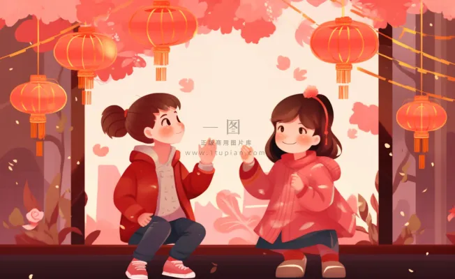 新年张灯结彩孩子们玩乐喜庆红色氛围庆祝卡通插画背景