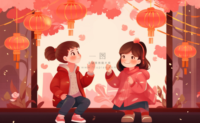 新年张灯结彩孩子们玩乐喜庆红色氛围庆祝卡通插画背景 新年张灯结彩孩子们玩乐喜庆红色氛围庆祝卡通插画背景