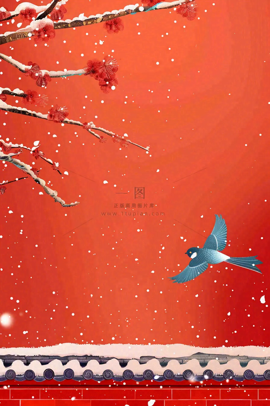 冬天红色宫墙背景梅花树枝小鸟白雪大雪冬至小年新年春节插画背景