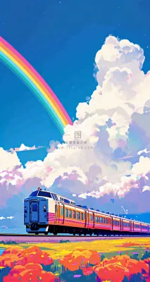 蓝天白云户外铁路草地彩虹手绘,色彩缤纷 蓝天白云户外铁路草地彩虹手绘,色彩缤纷