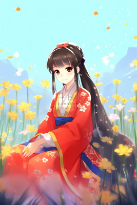 古风少女红裙子在草丛中花瓣纷飞卡通插画