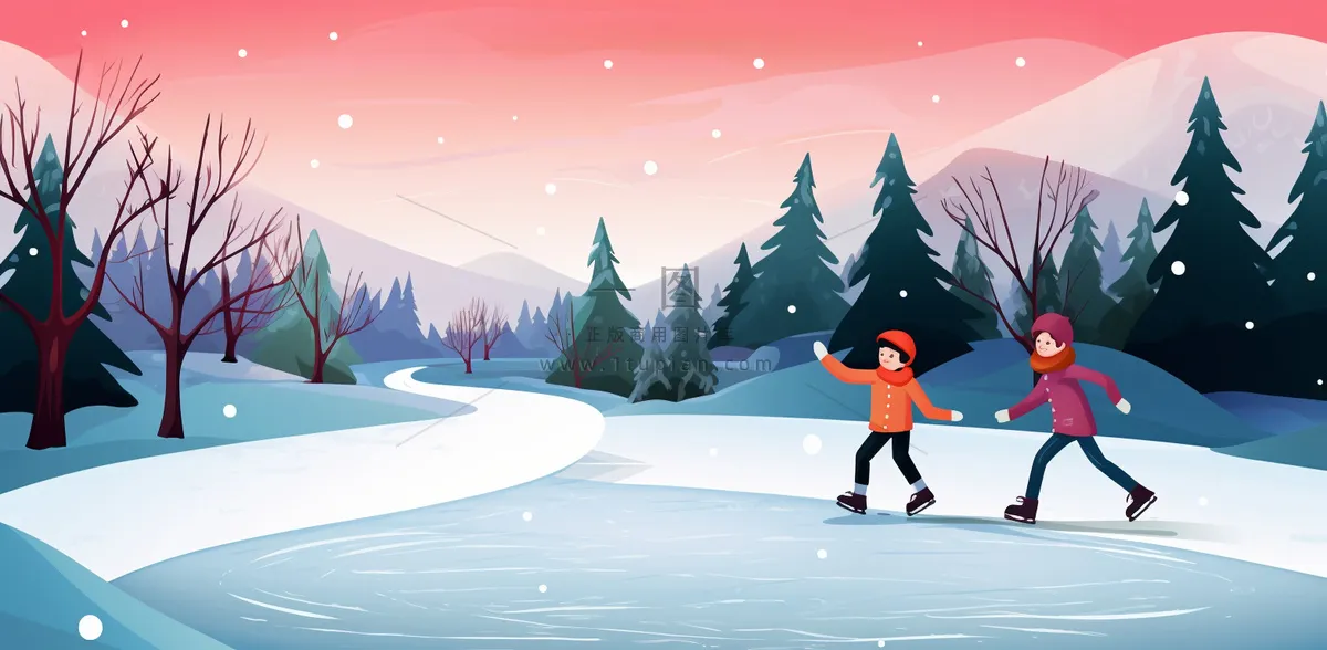 冬季在冰湖上滑冰的孩子儿童卡通插画背景