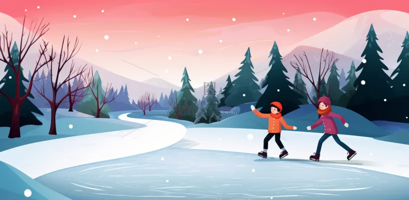 冬季在冰湖上滑冰的孩子儿童卡通插画背景 冬季在冰湖上滑冰的孩子儿童卡通插画背景