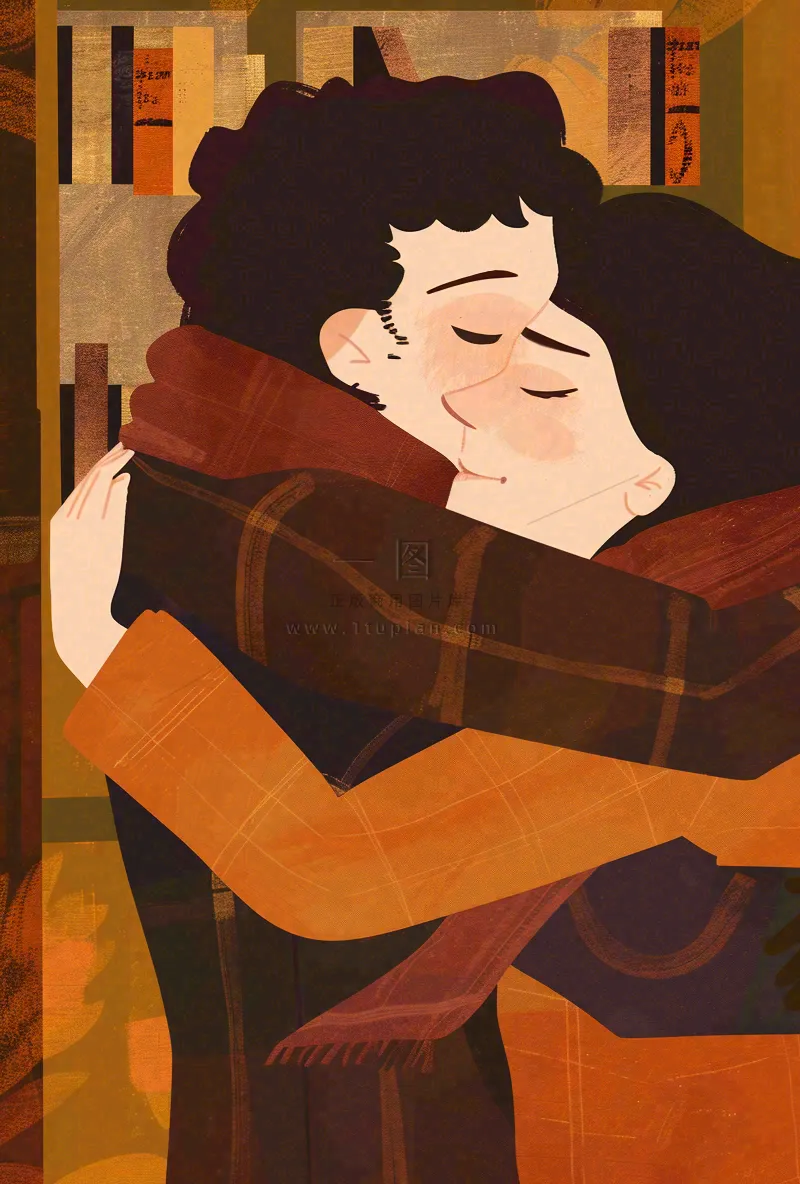 情侣相拥陪伴情人节七夕复古插画背景