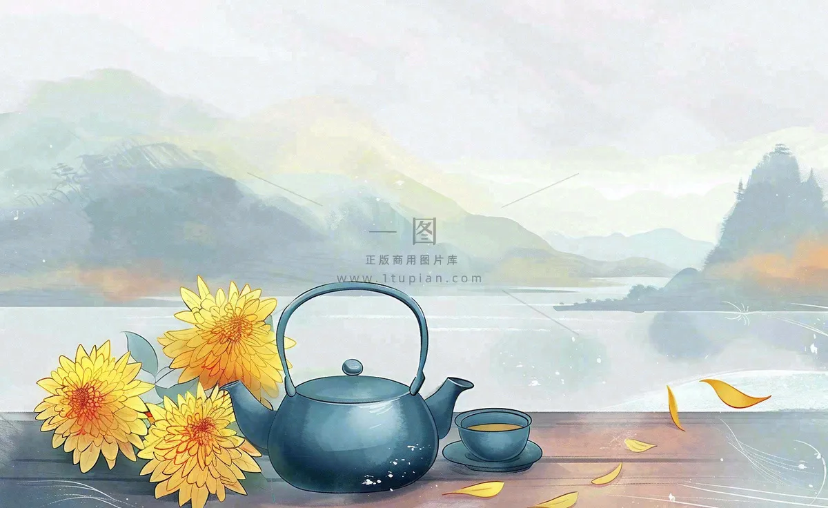 中国山水水墨画菊花饮茶重阳清明寒露插画背景