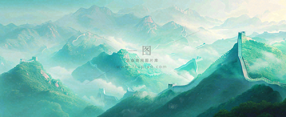 崇山峻岭高山白云中国风插画长城风景 崇山峻岭高山白云中国风插画长城风景