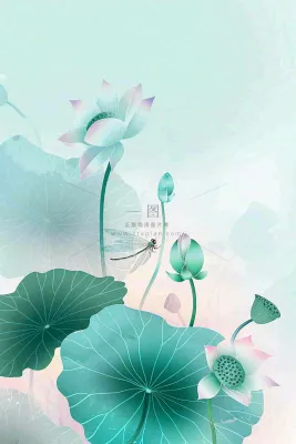 夏天小清新荷花荷叶静雅弥散风绿粉色蜻蜓立夏夏至处暑插画背景 夏天小清新荷花荷叶静雅弥散风绿粉色蜻蜓立夏夏至处暑插画背景
