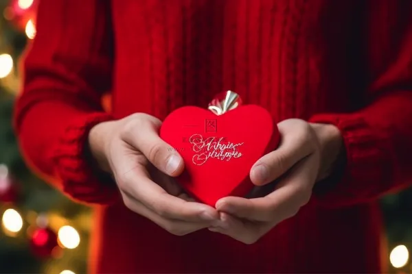 男孩手捧红色爱心礼盒摄影图