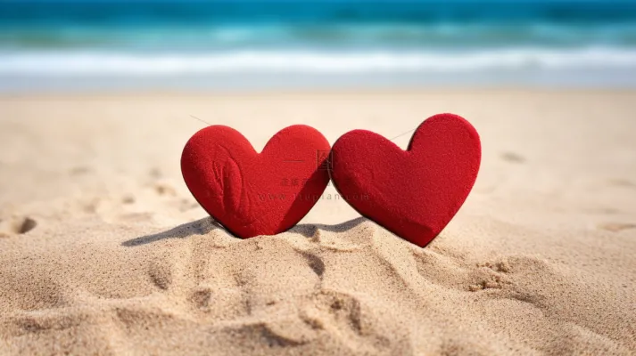 海边沙滩上摆放着两个红色爱心互相依靠摄影图