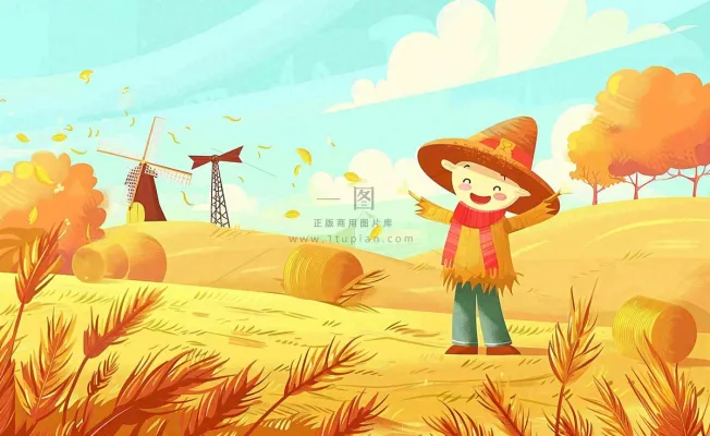 金秋稻田麦田稻草人秋风瑟瑟落叶立秋秋分处暑卡通插画背景 金秋稻田麦田稻草人秋风瑟瑟落叶立秋秋分处暑卡通插画背景