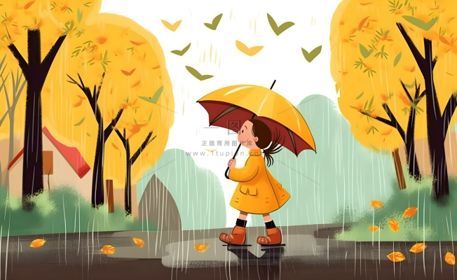 春天下雨天小女孩拿着雨伞在森林里漫步绿色黄色手绘插画海报素材背景