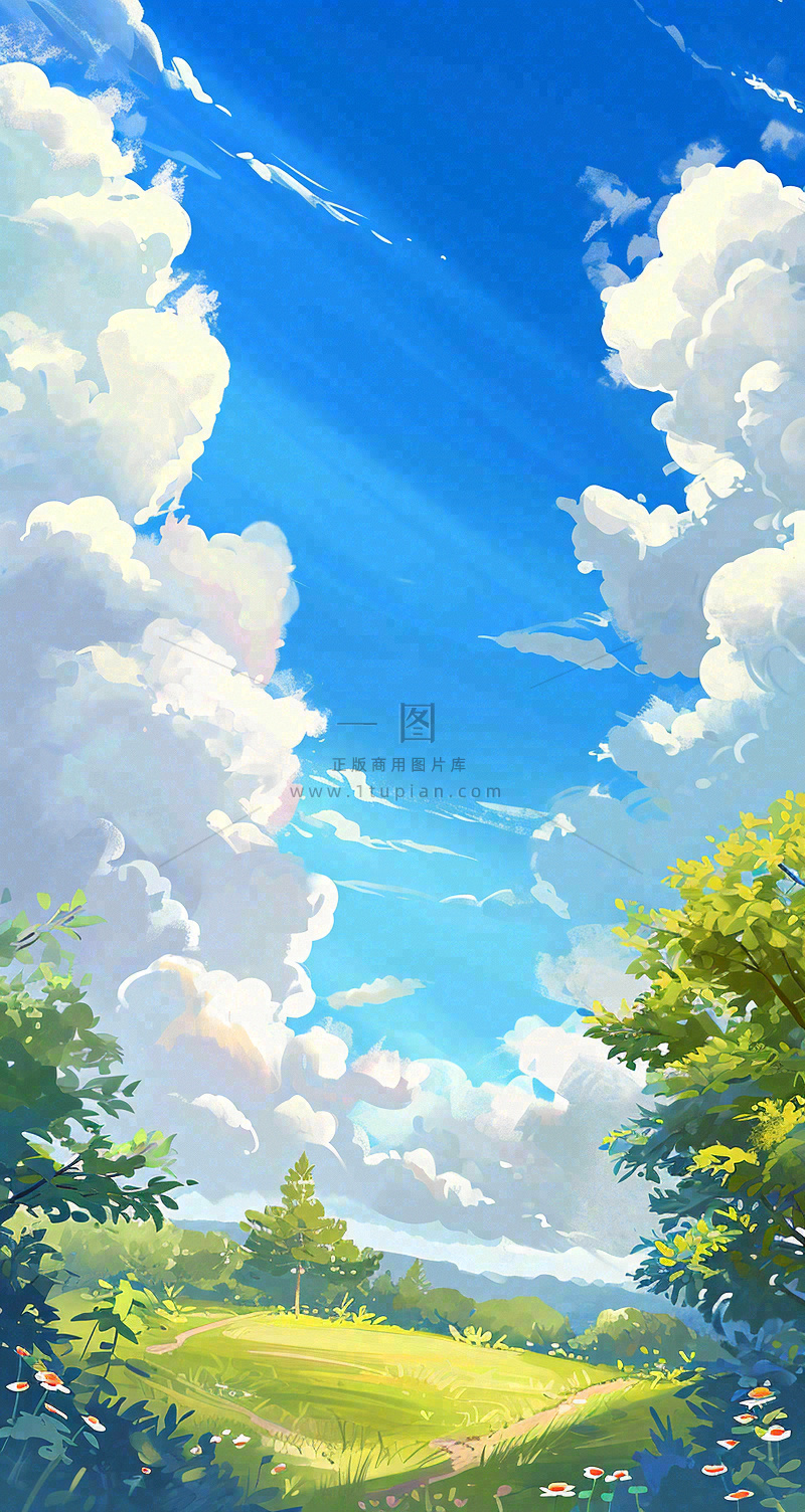 蓝天白云小花绿树树木草地插画手绘,春天春分