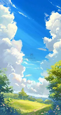 蓝天白云小花绿树树木草地插画手绘,春天春分 蓝天白云小花绿树树木草地插画手绘,春天春分