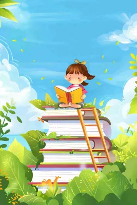 坐着书本课本堆砌上学习的学生孩子创意世界读书日卡通插画背景 坐着书本课本堆砌上学习的学生孩子创意世界读书日卡通插画背景