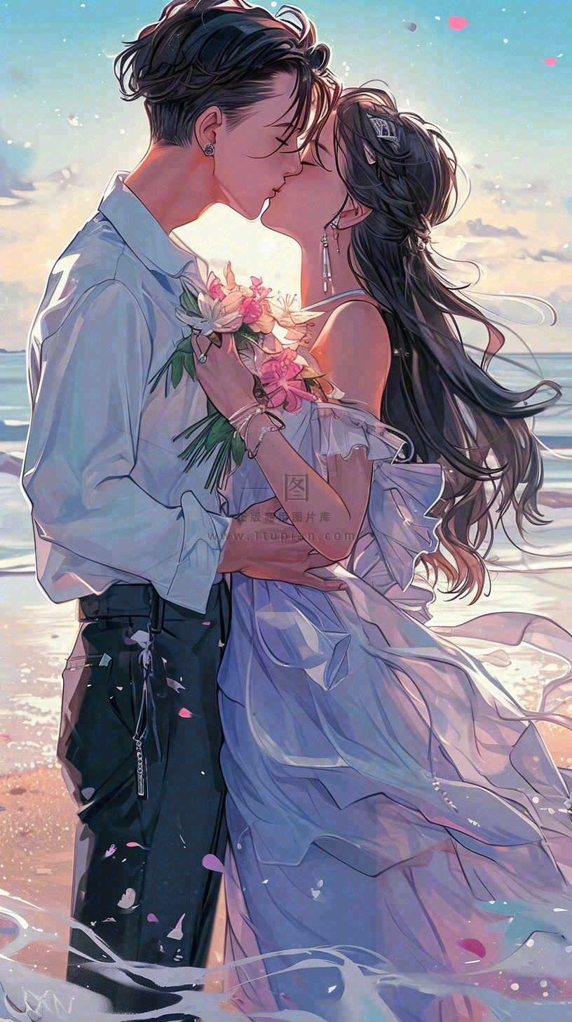 海边阳光沙滩情侣婚纱照爱情甜蜜情人节手绘插画