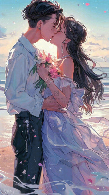 海边阳光沙滩情侣婚纱照爱情甜蜜情人节手绘插画 海边阳光沙滩情侣婚纱照爱情甜蜜情人节手绘插画