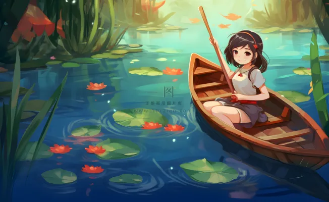 在湖中划船的女孩睡莲绿叶插画海报背景 在湖中划船的女孩睡莲绿叶插画海报背景