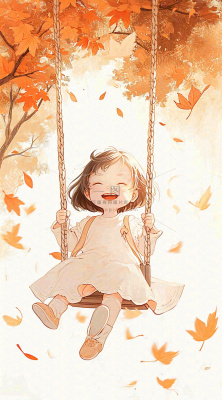 秋天秋叶少女儿童荡秋千玩耍,可爱手绘插画 秋天秋叶少女儿童荡秋千玩耍,可爱手绘插画