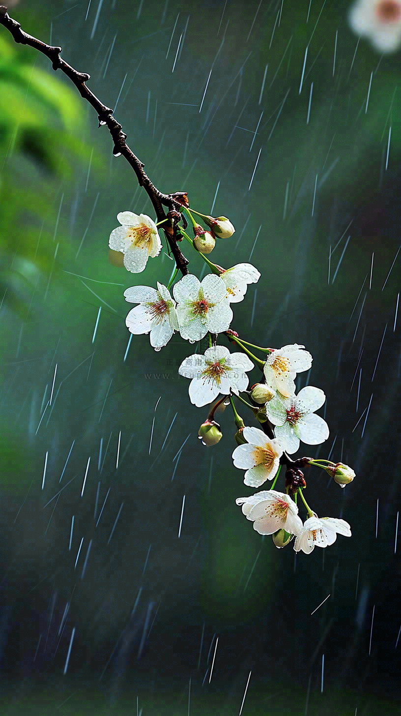 春天白色花朵枝叶在雨中,新鲜绿叶鲜花,雨水谷雨摄影图