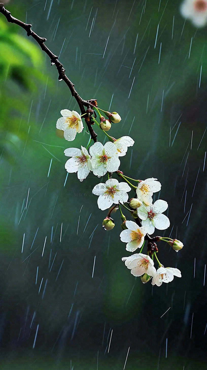 春天白色花朵枝叶在雨中，新鲜绿叶鲜花，雨水谷雨摄影图