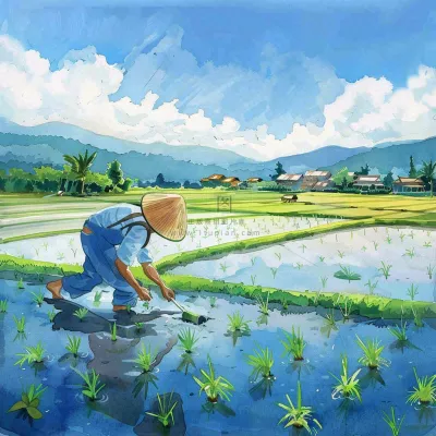 水彩手绘谷雨农夫插秧小满芒种蓝色清新背景插画