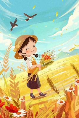 秋意浓丰收季女孩农场采收大雁芒种立秋秋分插画背景