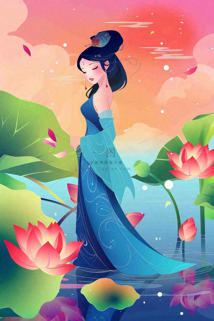 夏天古风国风古装少女荷花莲花池塘夜晚赏月夏至处暑中秋插画背景