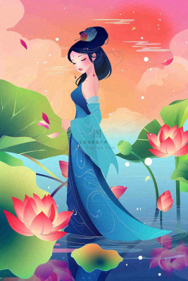夏天古风国风古装少女荷花莲花池塘夜晚赏月夏至处暑中秋插画背景