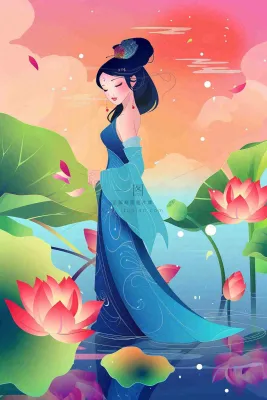 夏天古风国风古装少女荷花莲花池塘夜晚赏月夏至处暑中秋插画背景 夏天古风国风古装少女荷花莲花池塘夜晚赏月夏至处暑中秋插画背景