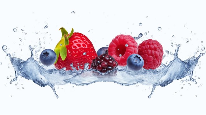 新鲜草莓蓝莓覆盆子口味水波溅起白色背景摄影图
