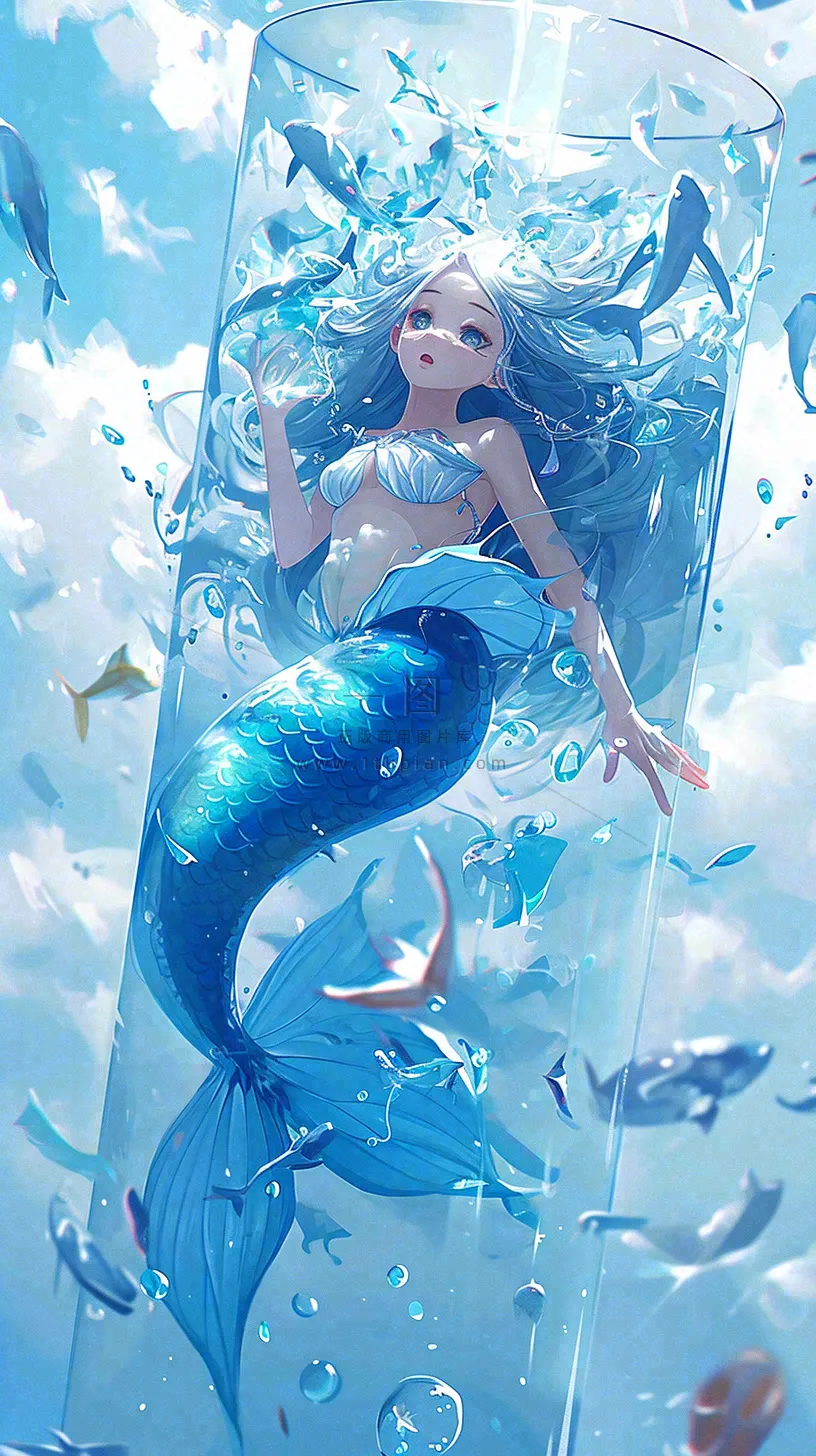 蓝色水面美人鱼，鱼类少女动漫漫画手绘插画