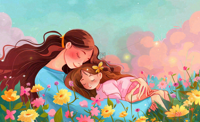 母亲节妈妈亲情抱着孩子鲜花光辉插画背景