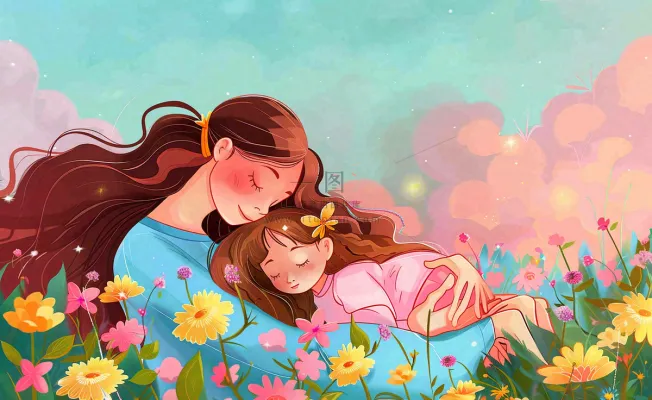 母亲节妈妈亲情抱着孩子鲜花光辉插画背景