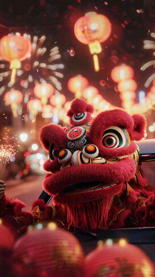 新年舞狮舞龙热闹街区红色喜庆节日小年除夕夜春节背景