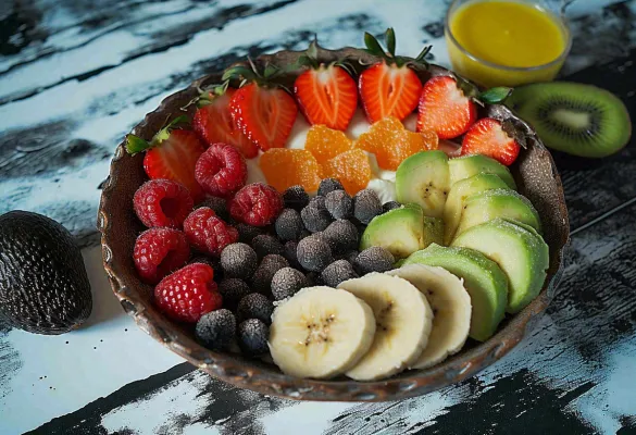 美食水果拼盘早餐沙拉咖啡，牛油果香蕉草莓奇异果果汁摄影图