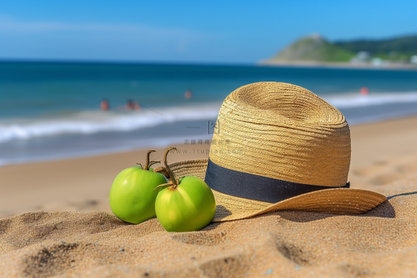 夏日沙滩草帽海边度假摄影图