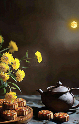 中秋月饼传统糕点美食圆月黄花摆盘精美摄影图