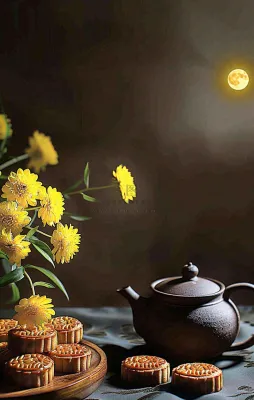 中秋月饼传统糕点美食圆月黄花摆盘精美摄影图