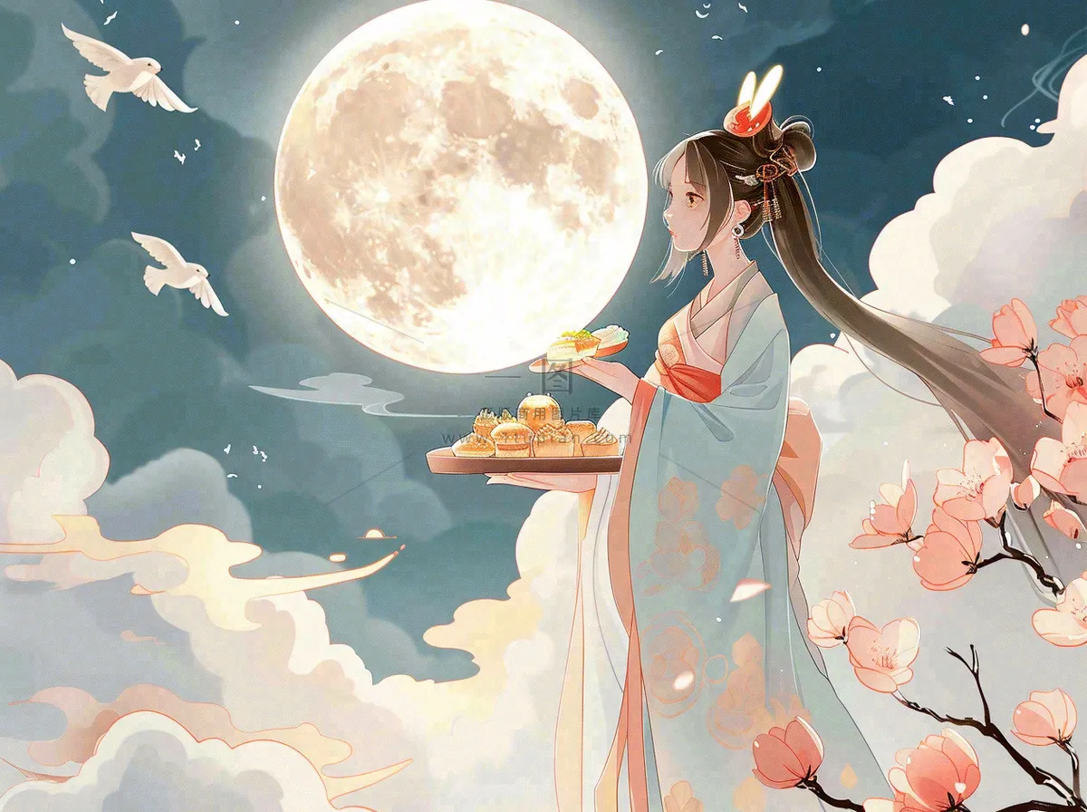 中秋节嫦娥玉兔月下嫦娥手捧月饼插图卡通唯美手绘可爱古风插画壁纸背景