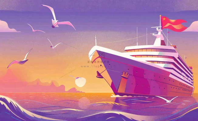 夕阳落日下的海上邮轮船海鸥度假旅游建军卡通插画背景