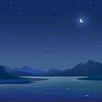 夜晚河面星空月亮唯美夜景扁平插画手绘