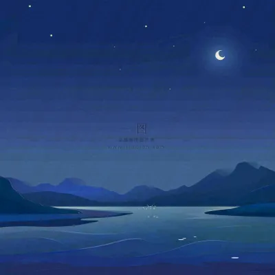 夜晚河面星空月亮唯美夜景扁平插画手绘