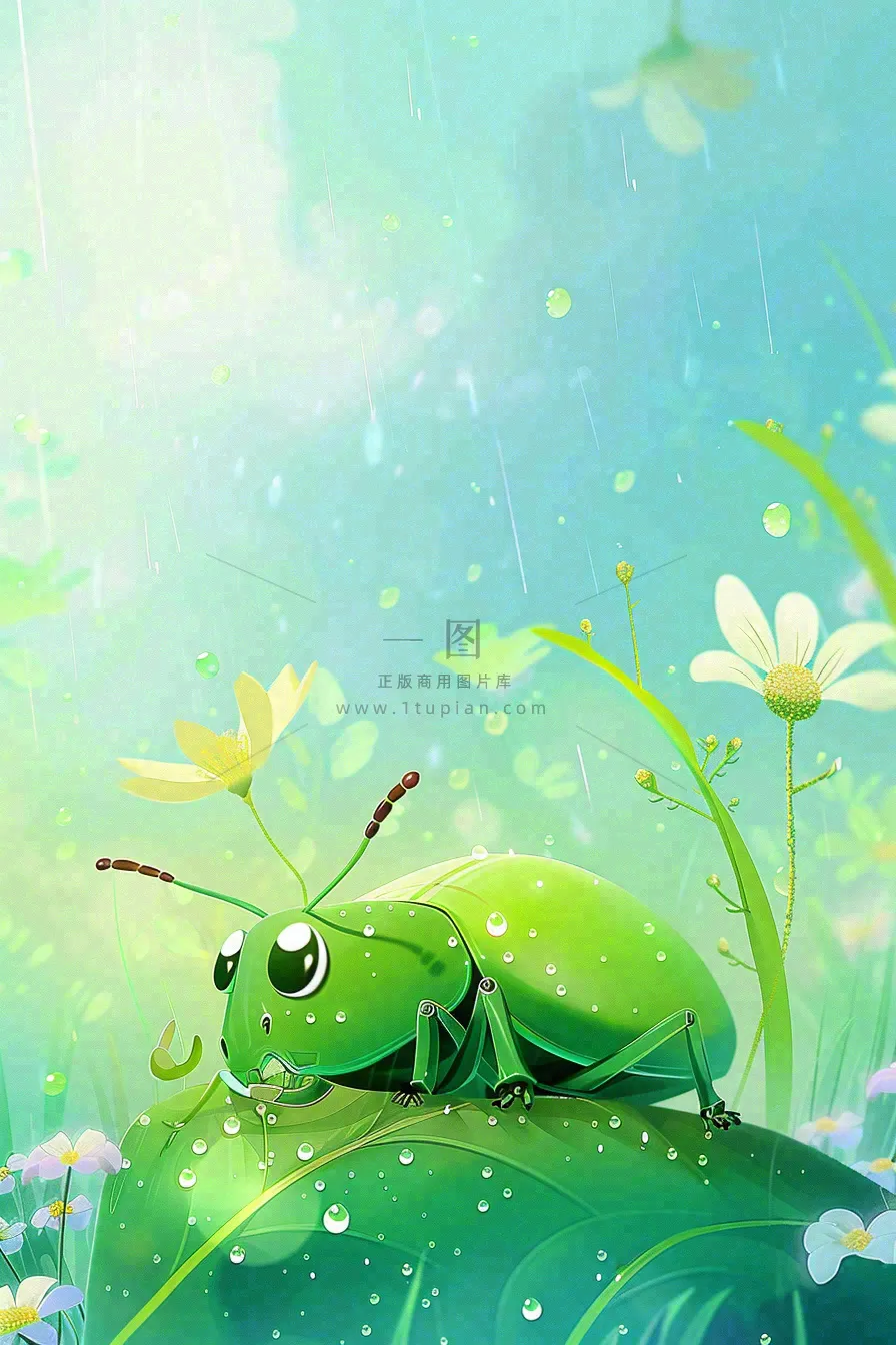 春天绿色甲壳虫昆虫草丛花朵雨水谷雨惊蛰卡通插画背景