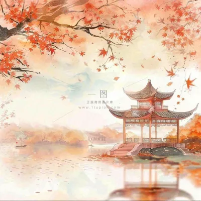 秋天红色枫叶江南水乡凉亭水墨画古风插画背景 秋天红色枫叶江南水乡凉亭水墨画古风插画背景